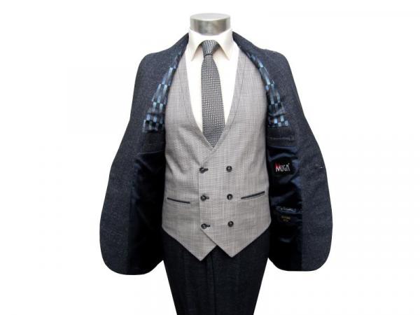 Slim Fit Anzug Dunkelblau Herren mit Weste und Reversnadel