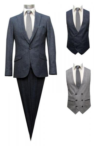 Slim Fit Anzug Dunkelblau Herren mit Weste und Reversnadel