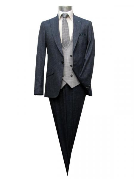 Slim Fit Anzug Dunkelblau Herren mit Weste und Reversnadel